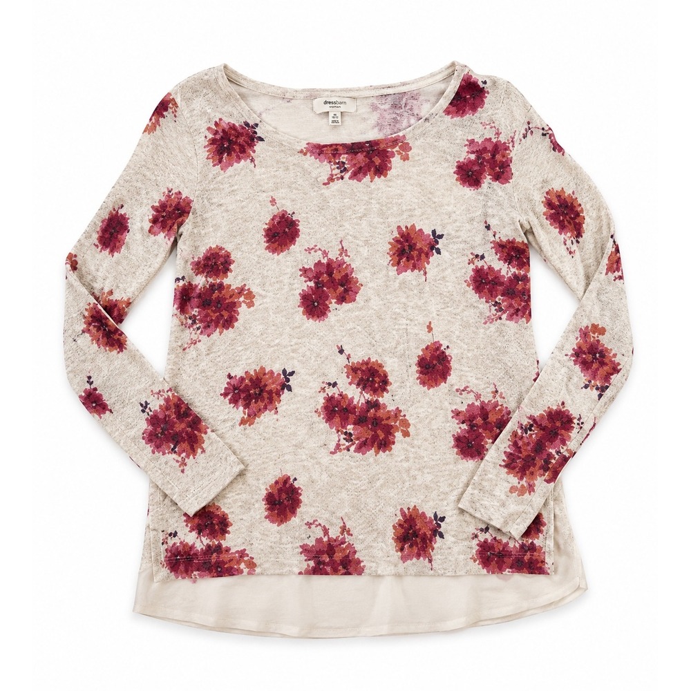 Lucky Brand Women's Floral Knit Sweater Chiffon Hem Beige Long Sleeve Size Small